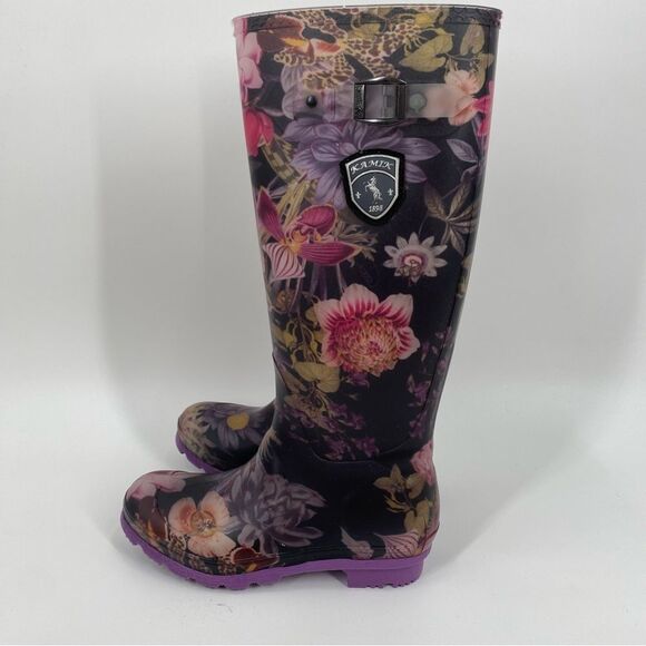 Kamik Black and Pink Floral Waterproof Rain Boots size 7 - Picture 2 of 5